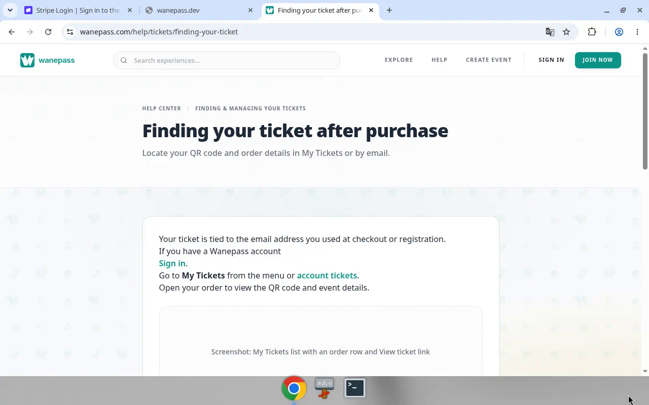 Screenshot: Wallet-style ticket with QR code and actions