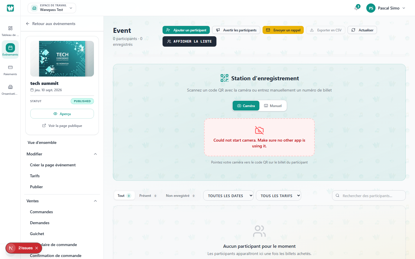 Screenshot: Full-screen check-in scanner with framing guide and counter